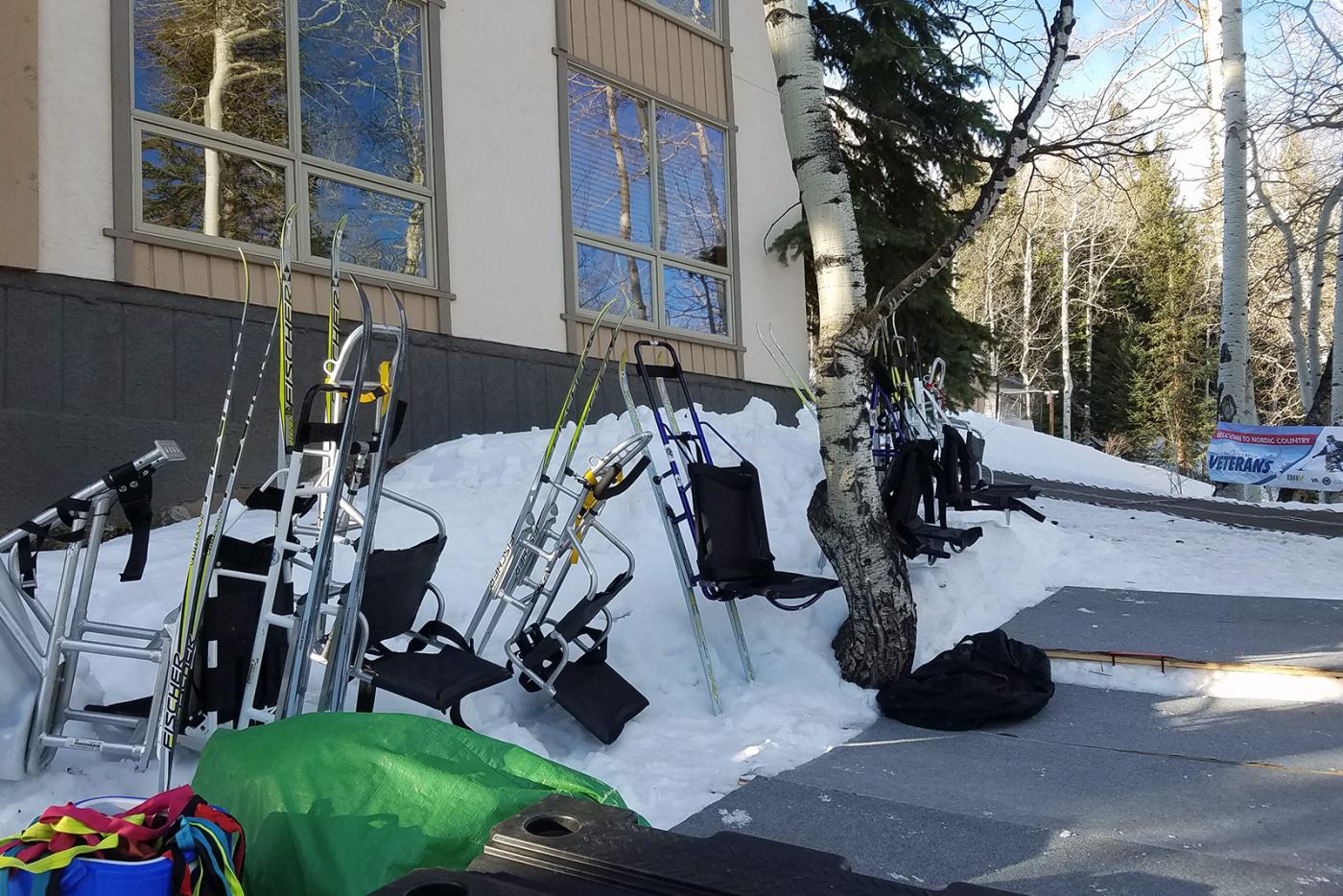 Cross country sit ski equipment at the Winter Sports Clinic in Snowmass, Colorado